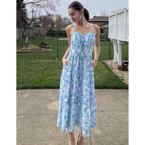 Women's Summer Floral Maxi Dress Casual Boho Sundress with Pockets - Picture 6 of 7